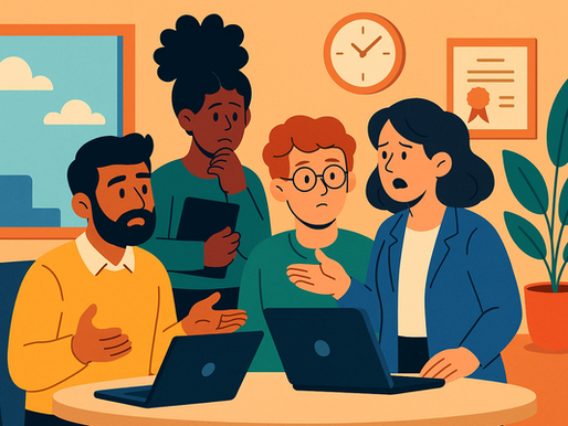 Four concerned office workers gather around two laptops in a warm, orange-toned workspace. One woman gestures while speaking, a man in a yellow sweater looks uncertain, and two other colleagues watch closely, one holding a tablet. The background includes a large plant, framed certificate, wall clock, and window with a view of the sky.