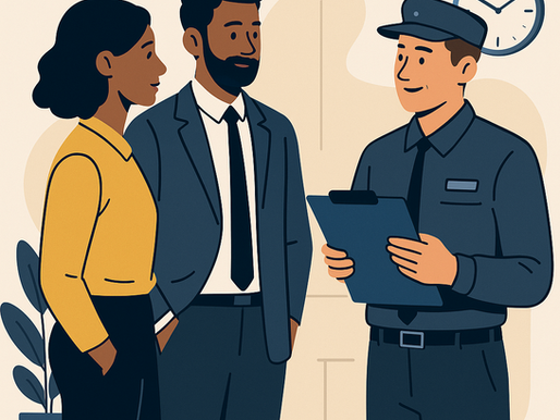 A flat-style digital illustration showing two professional figures—one holding a clipboard—engaged in a conversation inside an office setting, suggesting an official visit or inspection. The background includes office furniture and wall decor, evoking a workplace compliance scenario.