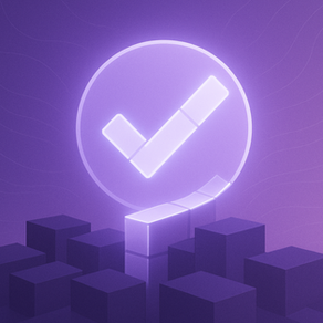 Glowing purple checkmark symbol floating above 3D cubes on a wavy purple background, creating a futuristic and calm atmosphere.