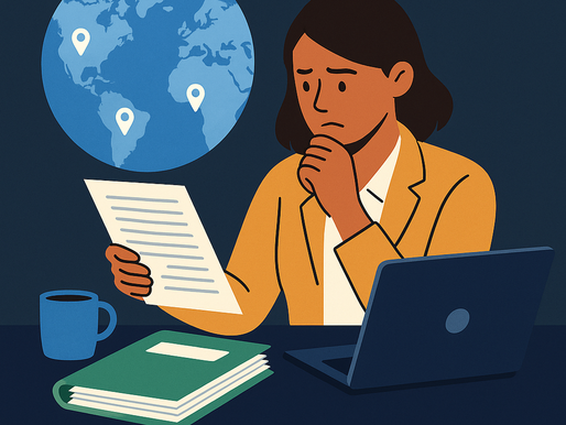 Flat-style digital illustration of a professional woman holding a passport and a tablet, standing in front of a departure board with flight symbols. The background features a globe and international location markers, symbolizing global immigration and workforce mobility.