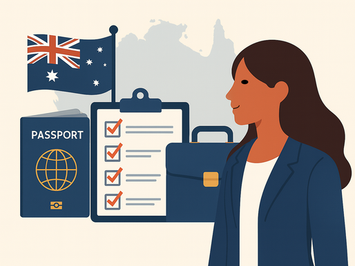 A flat-style digital illustration of a professional woman standing in front of Australian-themed visuals. The background includes a suitcase, a passport, a checklist on a clipboard, and the Australian flag, all in bold, muted colors. The scene suggests themes of immigration, travel, and employment.