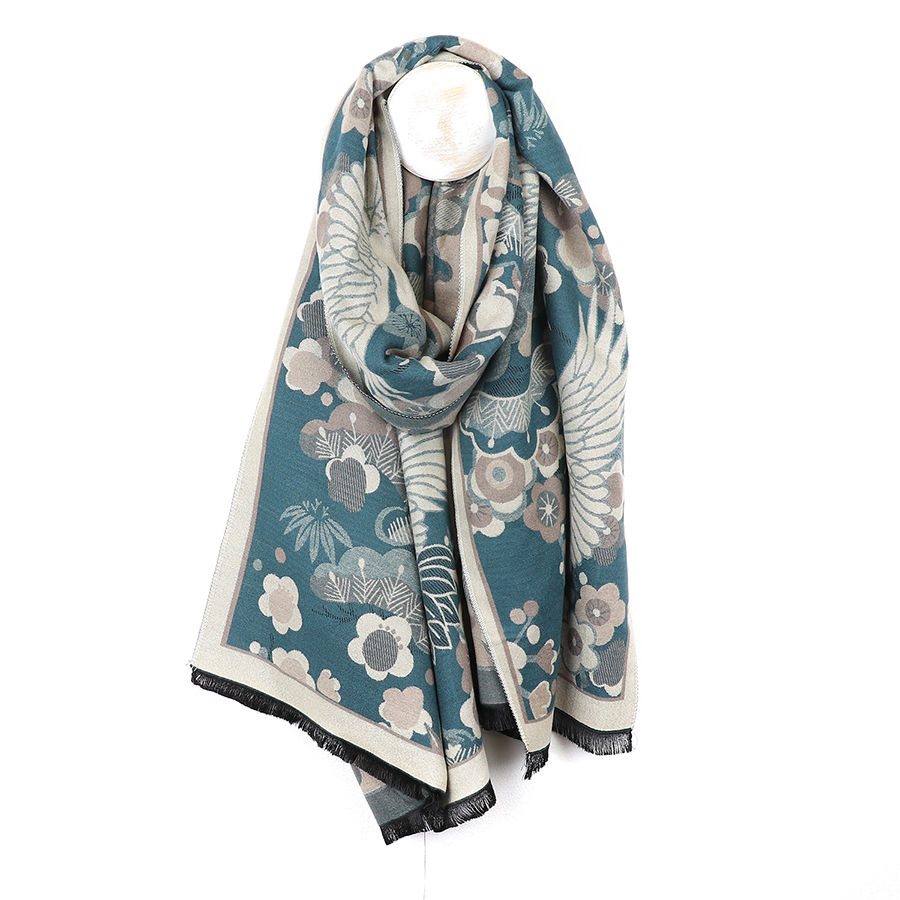 Thumbnail: Teal Blue Crane and Floral Jacquard Scarf