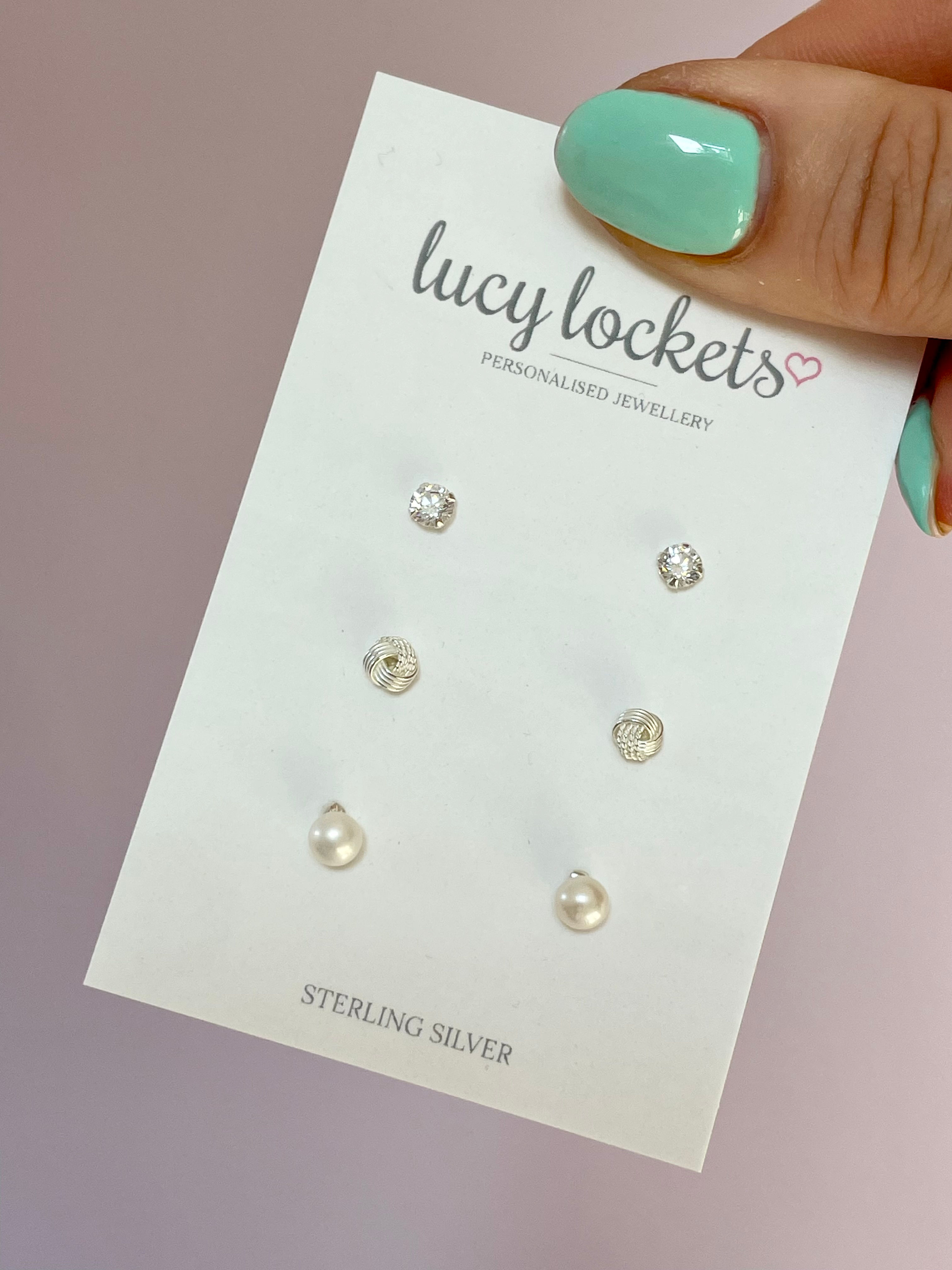 Triple Set of CZ, Knot and Pearl Studs