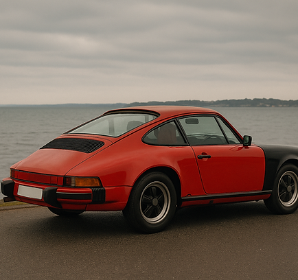red porsche by the water