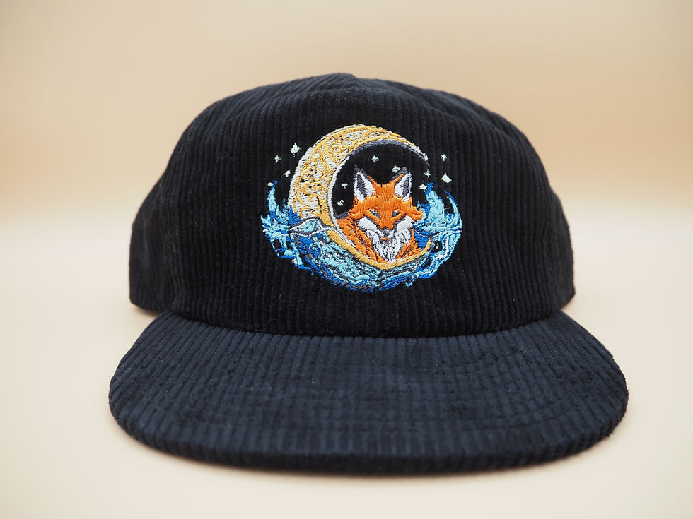 Black Corduroy Hat with Embroidered Fox Moon and water design