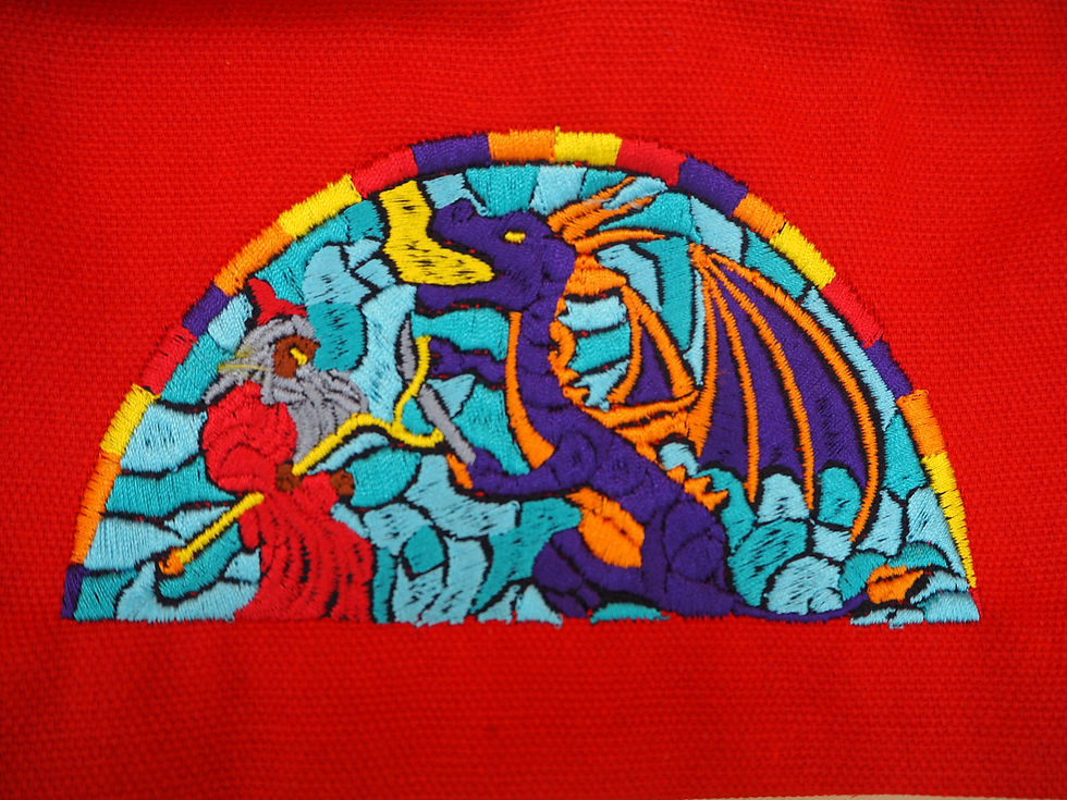 Closup view of the stained glass detail of embroidery