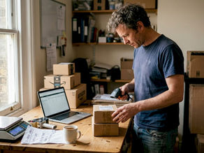 Small business owner preparing Amazon shipment boxes