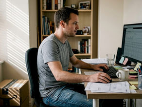 Amazon seller working at cluttered home office desk