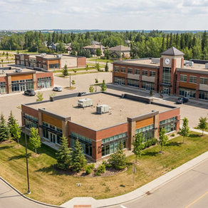 Aerial view of a municipal and institutional building campus in Alberta