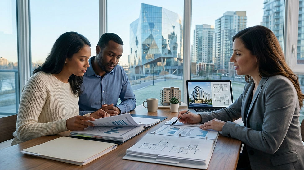 A couple reviews architectural plans with an agent in a modern office. Laptop shows building designs. Background features city skyline.