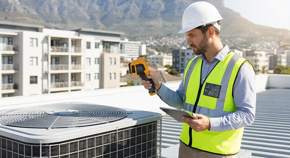 Inspector reviewing rooftop mechanical equipment on a condo building