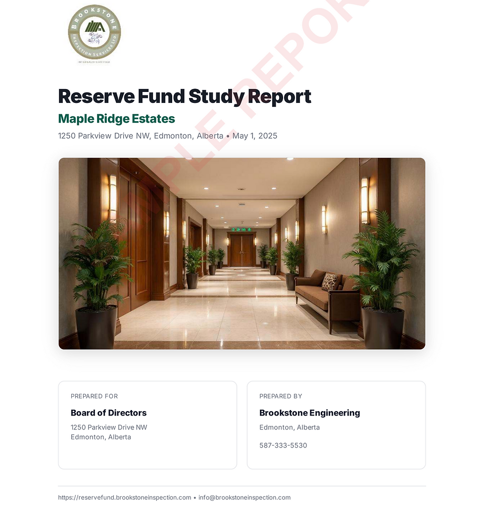 Reserve Fund Study Report for Maple Ridge Estates shows a hallway with plants and seating. Prepared by Brookstone Engineering, dated May 1, 2025.