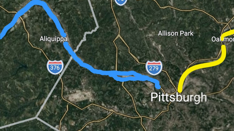Allegheny River marked by the color yellow. It's natural conversion to blue while passing through Pittsburgh's filtration system marked by blue.