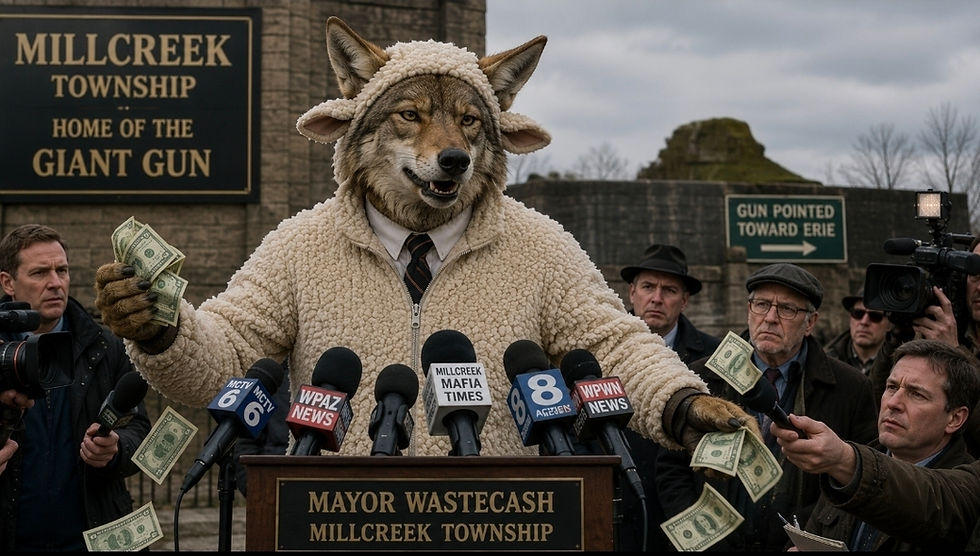 Mayor Wastecash sheepishly dropping money everywhere