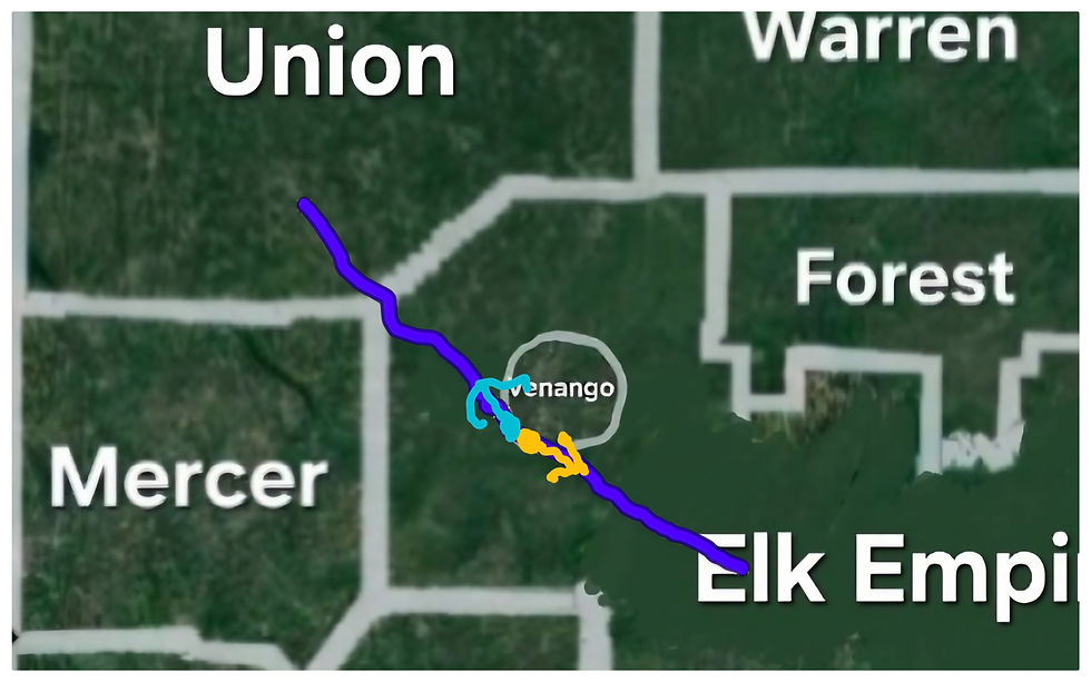 Venango in light blue moving west. Clarion and Jefferson in gold moving east.