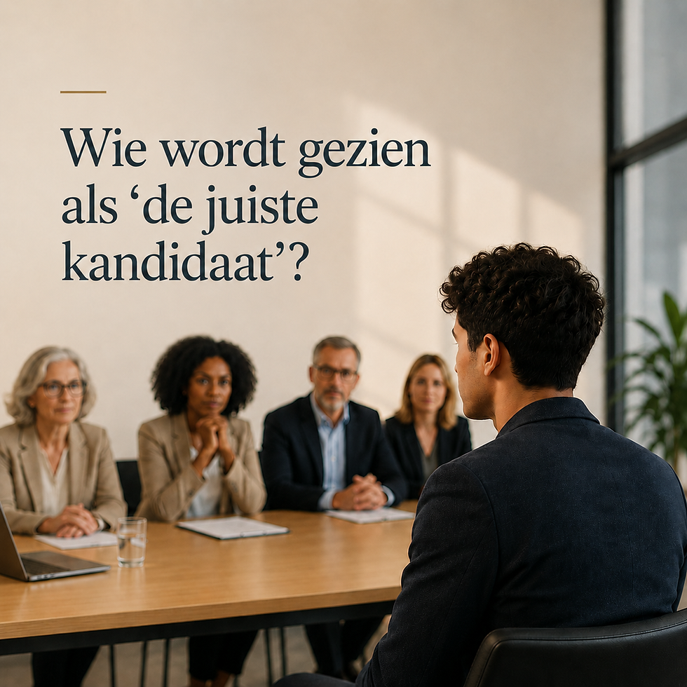 Afbeelding van een Aziatische kandidaat tegenover een diverse selectiecommissie, bij een artikel over selectieprocessen, impliciete normen en governance.
