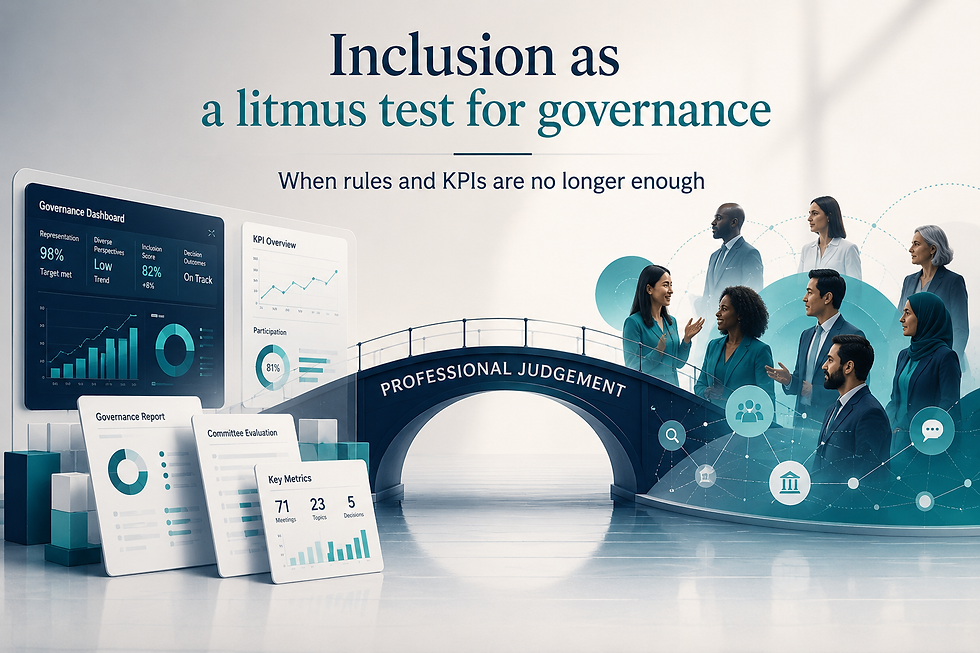 Illustration about inclusion, governance and supervision, showing how KPIs, reports and dashboards are connected to diverse perspectives through professional judgement.
