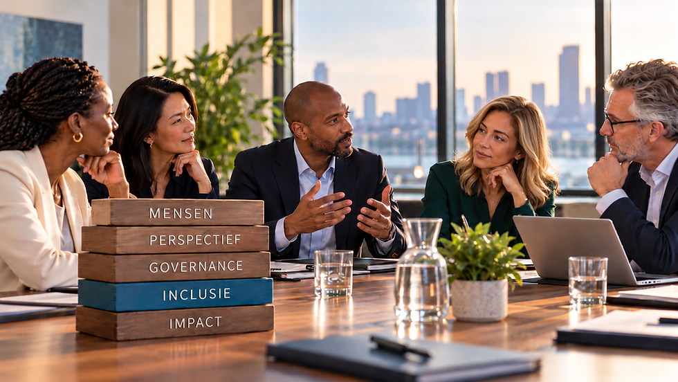 Diverse Raad van Commissarissen in gesprek met blokken Mensen, Perspectief, Governance, Inclusie en Impact op de voorgrond.