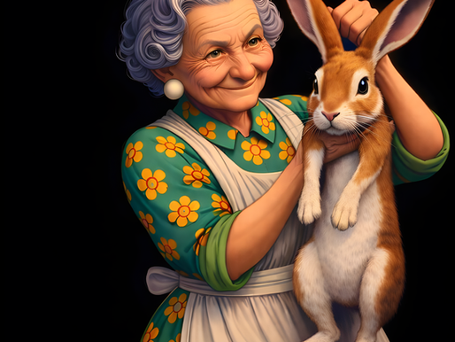 An illustration of an older women holding a rabbit.