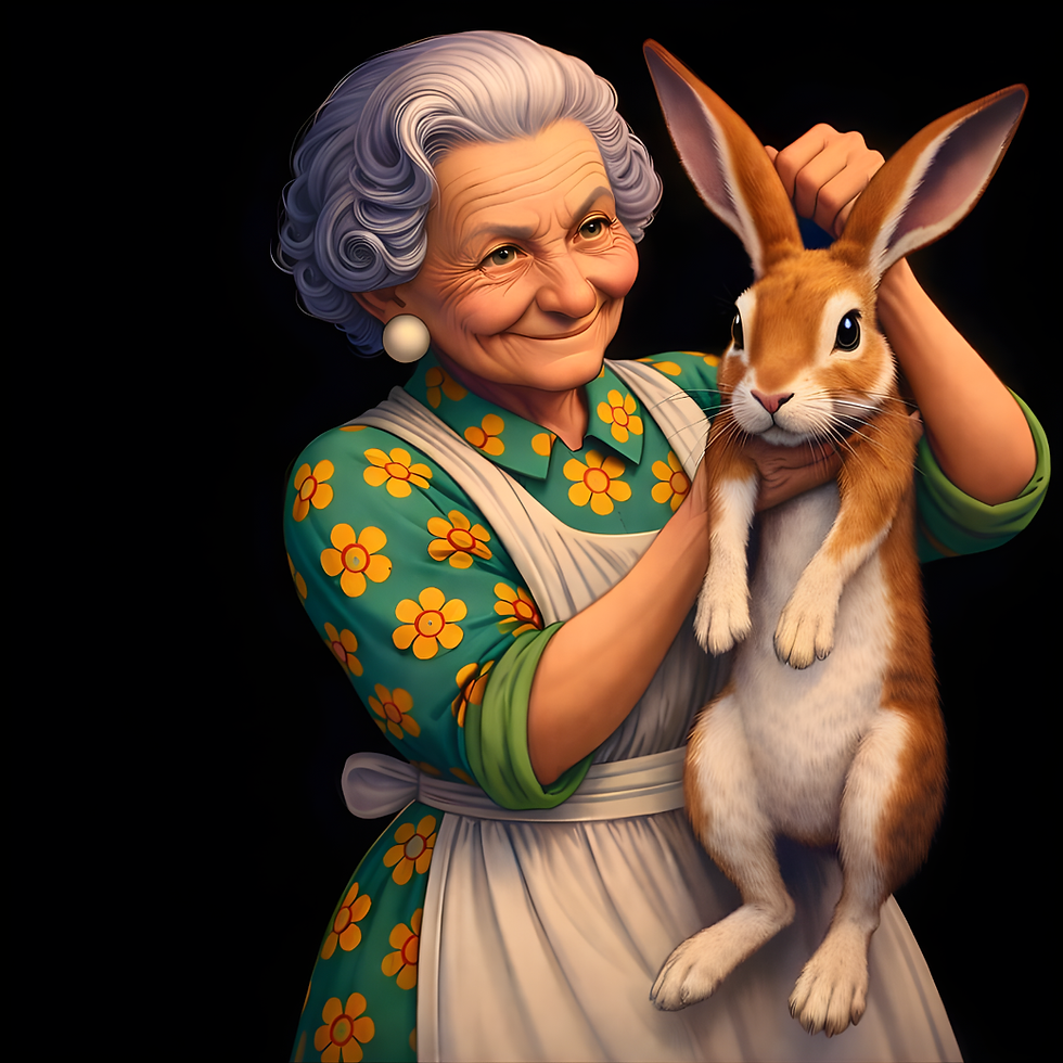 An illustration of an older women holding a rabbit.