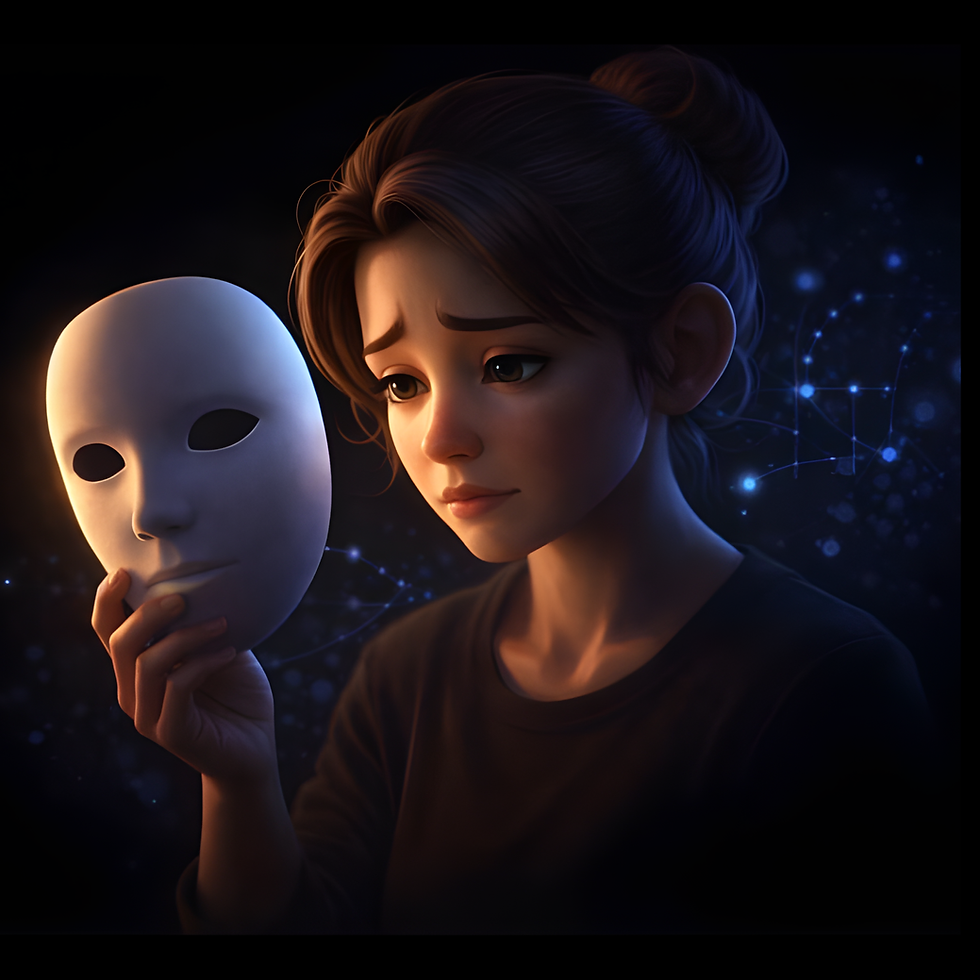 Illustrated figure holding a mask against a black background, symbolizing unmasking and insight, with subtle abstract light patterns representing artificial intelligence.
