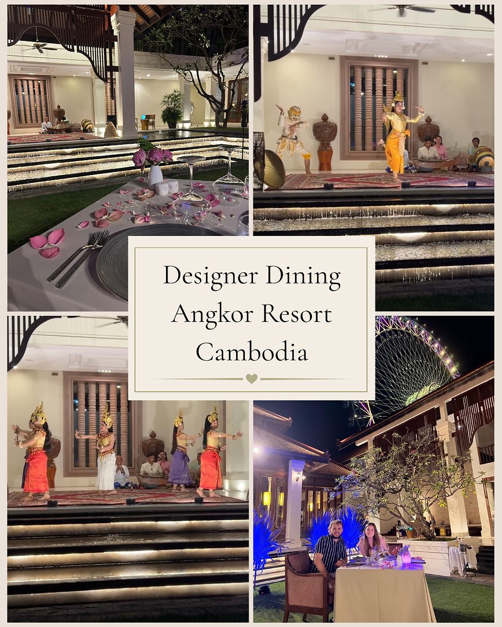 Collage of elegant outdoor dining at Angkor Resort, Cambodia, with lit steps, rose petals, Khmer dancers, and diners at night.