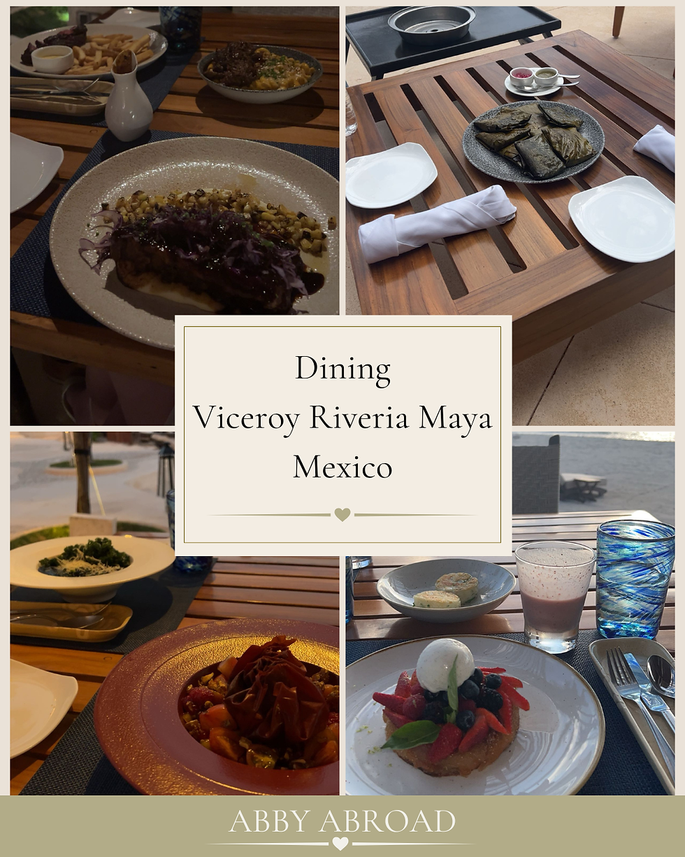 Collage of plated meals and desserts at a seaside restaurant; center text reads Dining Viceroy Rivera Maya Mexico and Abby Abroad