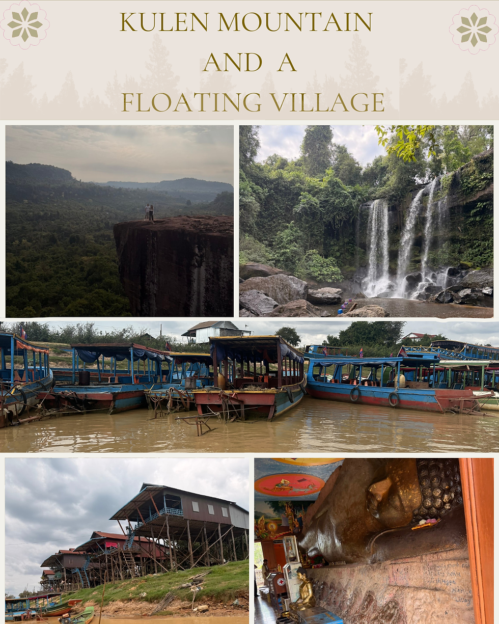 Kulen Mountain and A Floating Village in Siem Reap Cambodia. Viewpoint over lush jungles (Poeng Ta Kho Viewpoint), River of a Thousand Lingas, Reclining Buddha, Kulen Mountain waterfall and floating village and Tonle Sap Lake