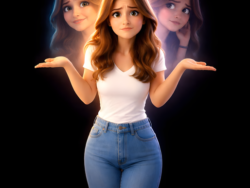 Illustrated woman with a concerned expression holding her hands out, with two faded versions of herself behind her representing conflicting thoughts.