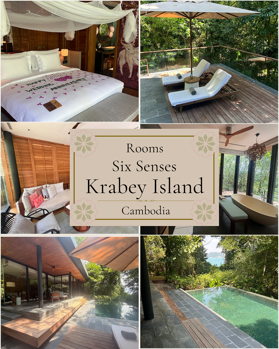 Collage of Six Senses Krabey Island Villas. Lots of space and a private pool. Floor to ceiling windows.