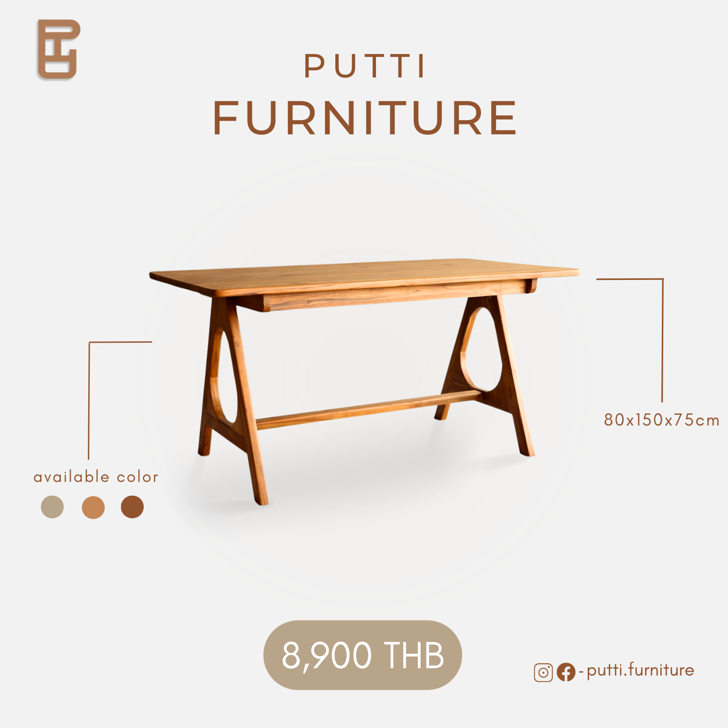 Putti Table โต๊ะมินิมอลไม้สักขาAมีพักเท้า รุ่นTM004