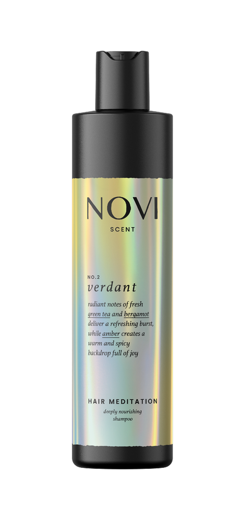 NOVI Scent haircare bottle with holographic label design