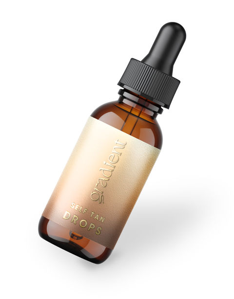 Gradient self-tan drops packaging design showing beauty product bottle and brand identity.