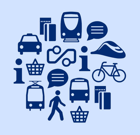 Logo designed for the NS Store representing travel service icons such as train, bike, taxi and ticket information.