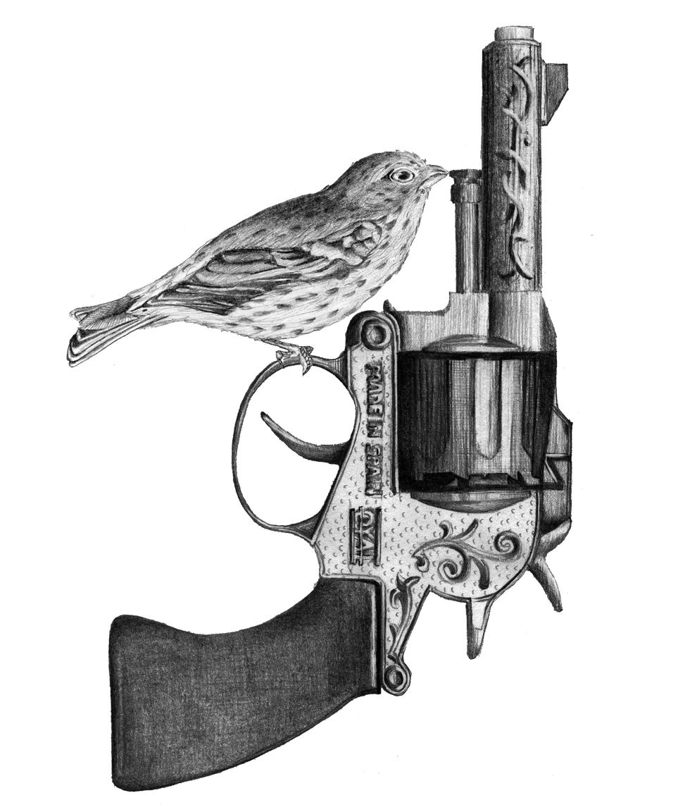 Editorial illustration combining a bird and revolver in detailed black and white drawing.
