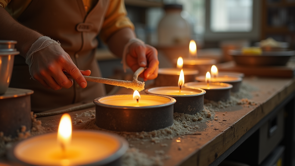 Eye-level view of a candle-making workspace with wax melting pots