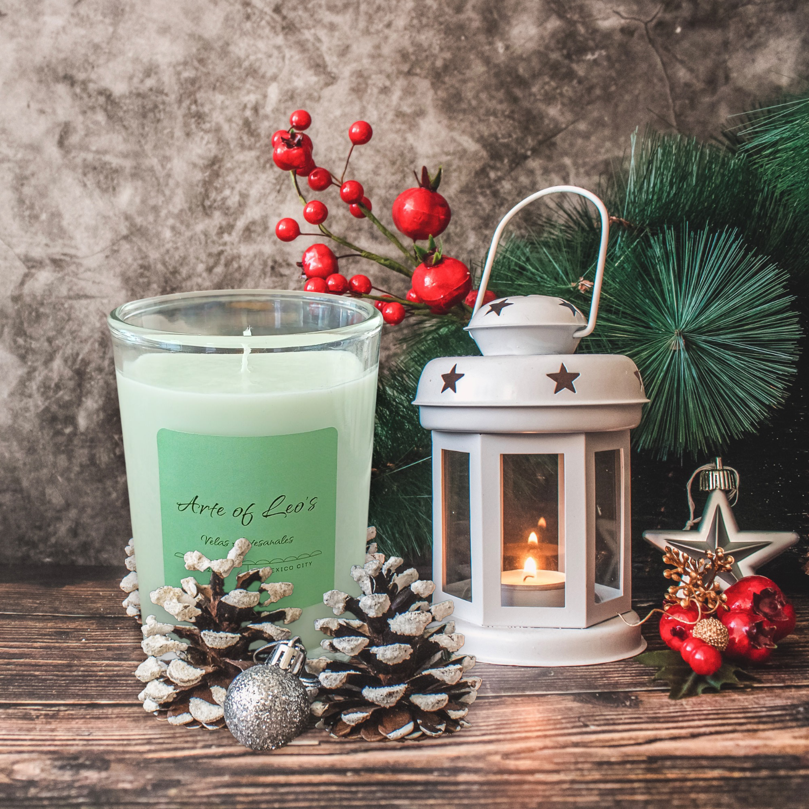 Vela aromática verde, diseño navideño