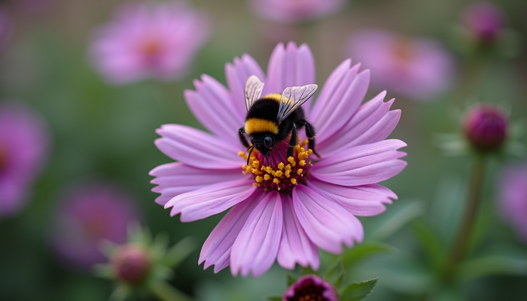Close-up view of a bumble bee collecting nectar from a purple flower