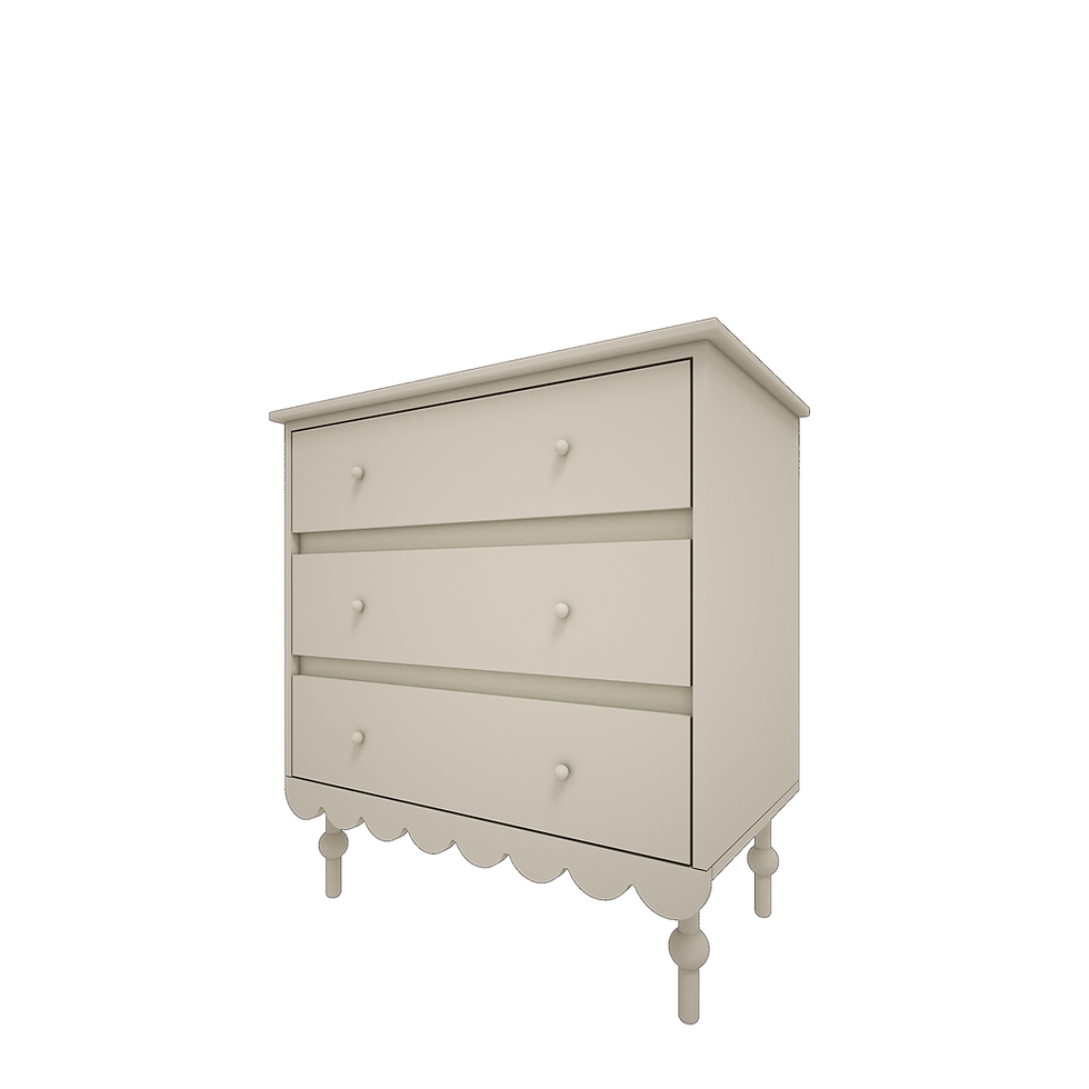 Olijfkleurige commode ladekast met 3 lades, ontworpen met decoratieve schulpenrand en sierlijke poten.