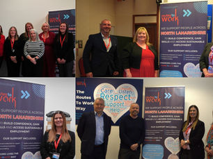 A photo collage of North Lanarkshire MP visits at Routes to Work at each of the our different offices in Airdrie, Cumbernauld, Coatbridge and Craigneuk where they discussed our team's community support and the future of employability support in North Lanarkshire.