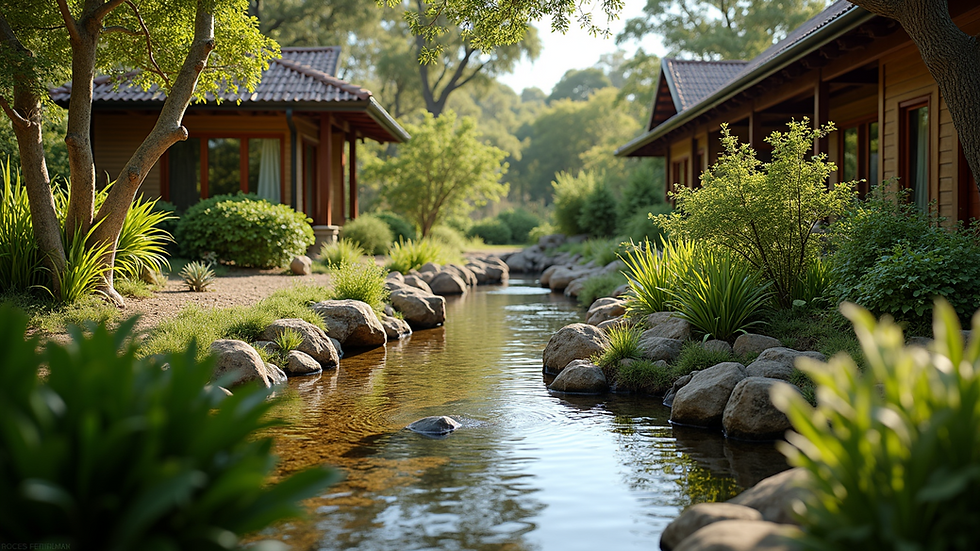 Eye-level view of a lush garden with native plants and natural water features at Valedrinn Retreats