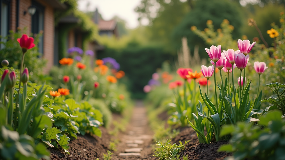 Eye-level view of a cozy garden with colorful flowers and vegetables