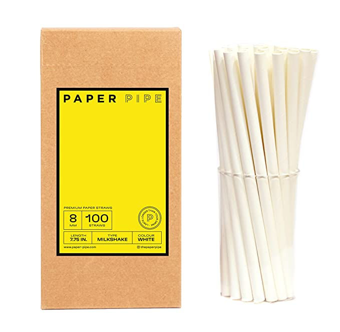 Paper Pipe - 8mm White Paper Straw for Milkshake (Pack of 100, 8mm Wide Paper St