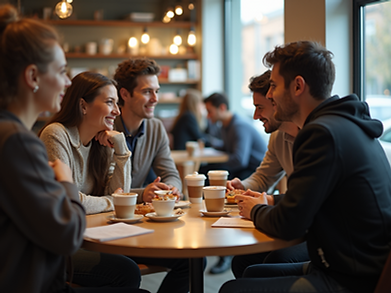 A-group-of-people-are-sitting-around-a-table-at-a-coffee-shop---sharing-ideas---while-enjo