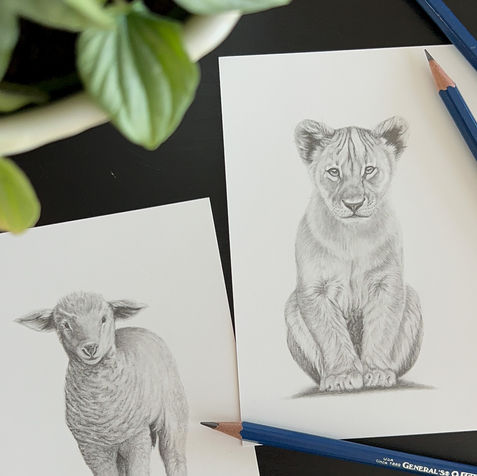 custom graphite lion cub and lamb hand drawn portrait