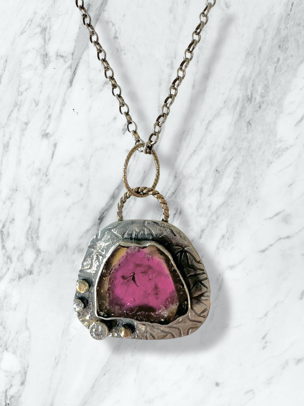Thumbnail: Watermelon Tourmaline & Sapphire Mixed Metal Necklace