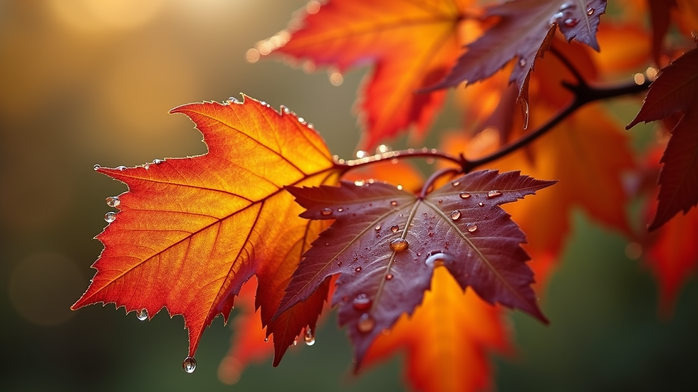 Close-up view of autumn leaves with droplets of water