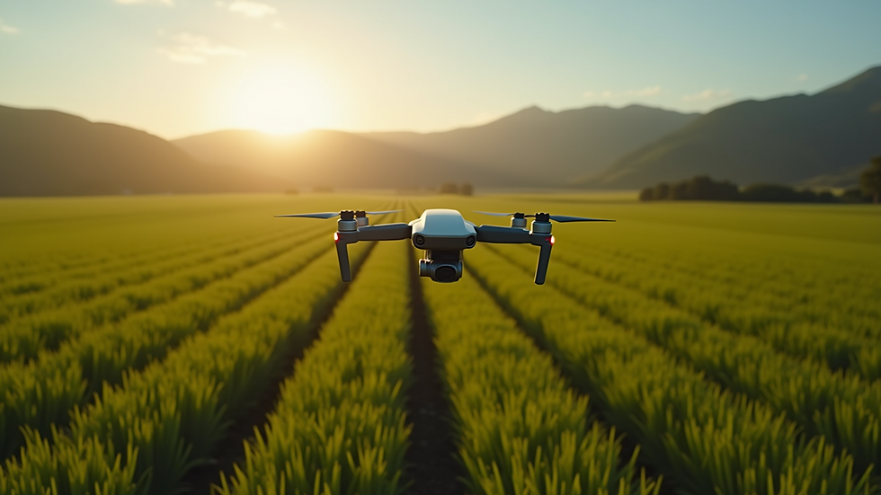 Vista aérea de um campo agrícola com drones em operação