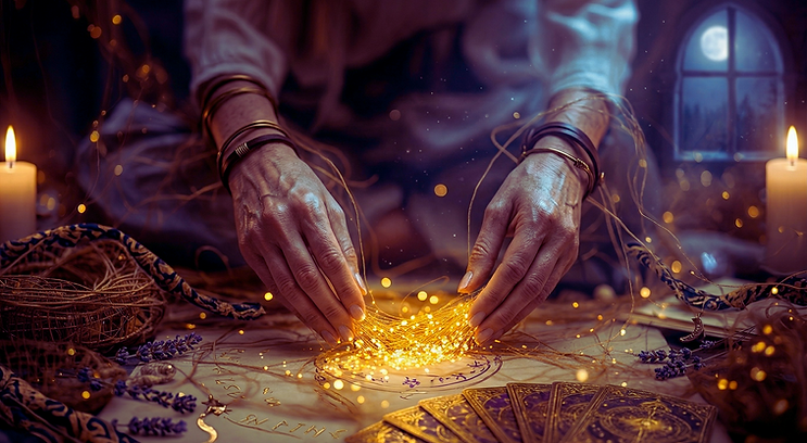 Gros plan sur les mains d'une tisseuse de sortilèges d'Au Fil d'Elune, manipulant des fils lumineux et dorés au-dessus d'un grimoire ouvert. Des bougies, de la lavande séchée et des cartes de tarot ornent cette scène de création magique dans un atelier féérique.