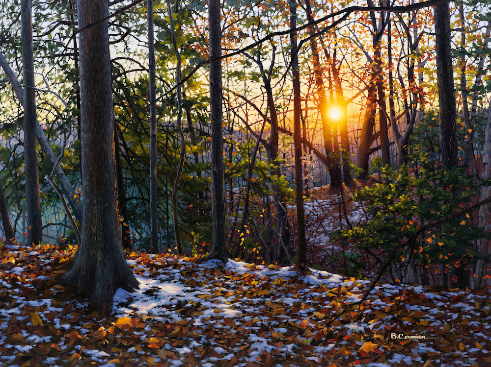 An image of a realistically painted forest scene with the sun setting through the trees on a day in late autumn, with traces of snow on fallen leaves.